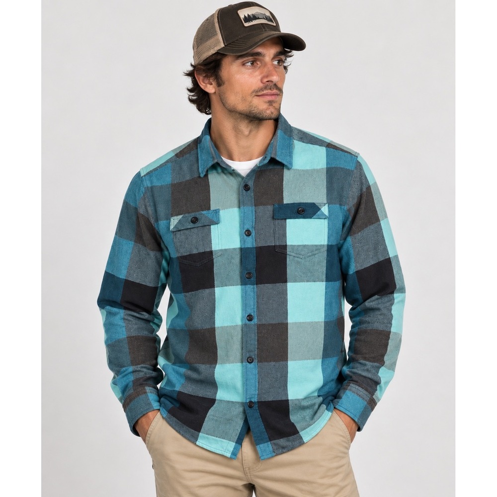 Howler Bros Harkers Flannel Shirt Mens XL Blue Grey Buffalo Plaid Cotton Shirt